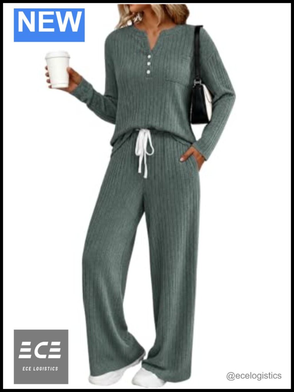 Women's 2 Piece Lounge Set Henley Top Wide Leg Pants Loungewear